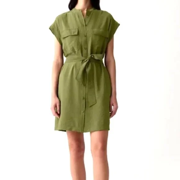 strapless open back dress Olive Green Cotton Flax Paneled A-Line Midi Dress 68